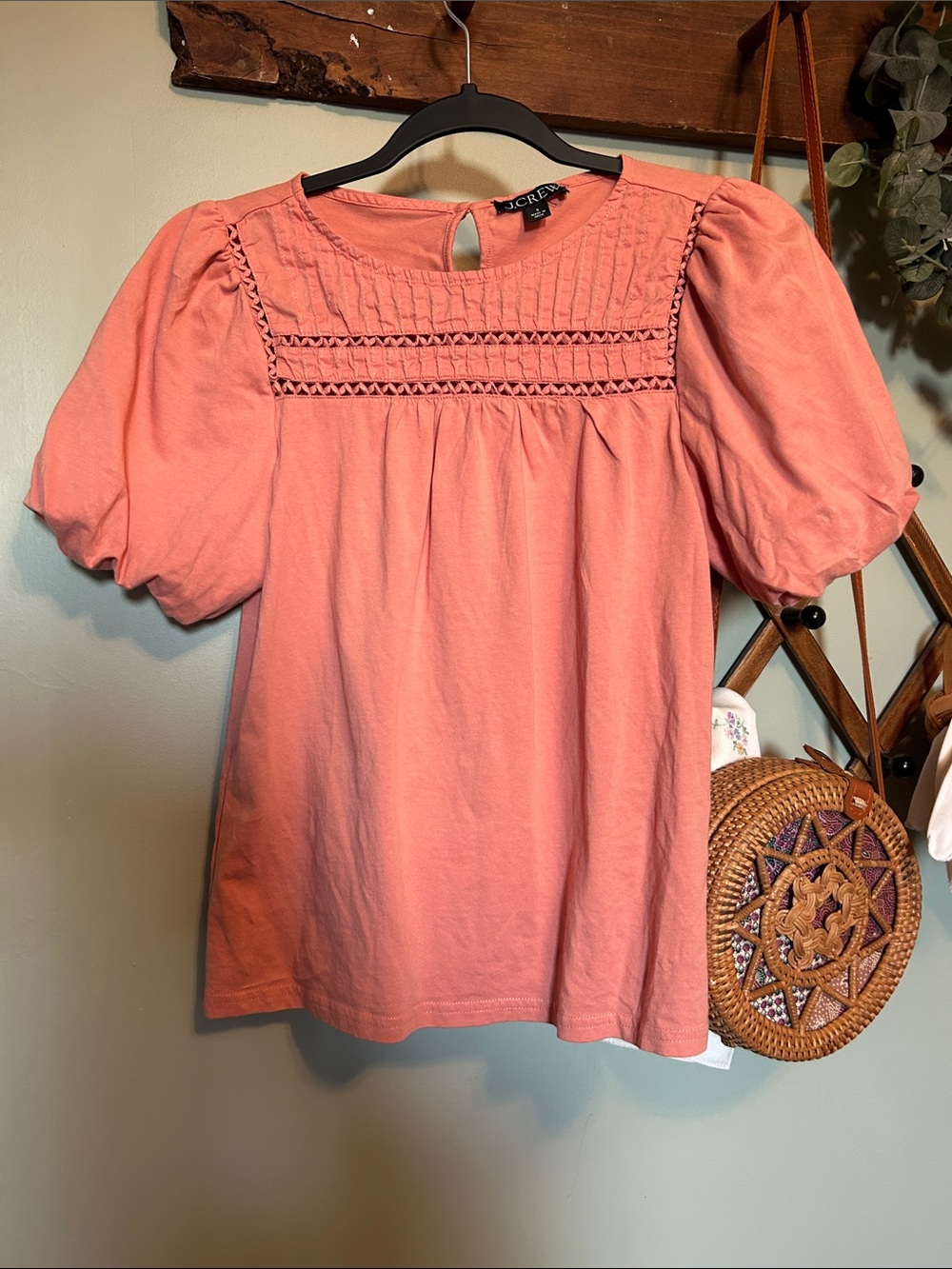 J. Crew Coral Pink Puff-Sleeve Smocked Yoke Top